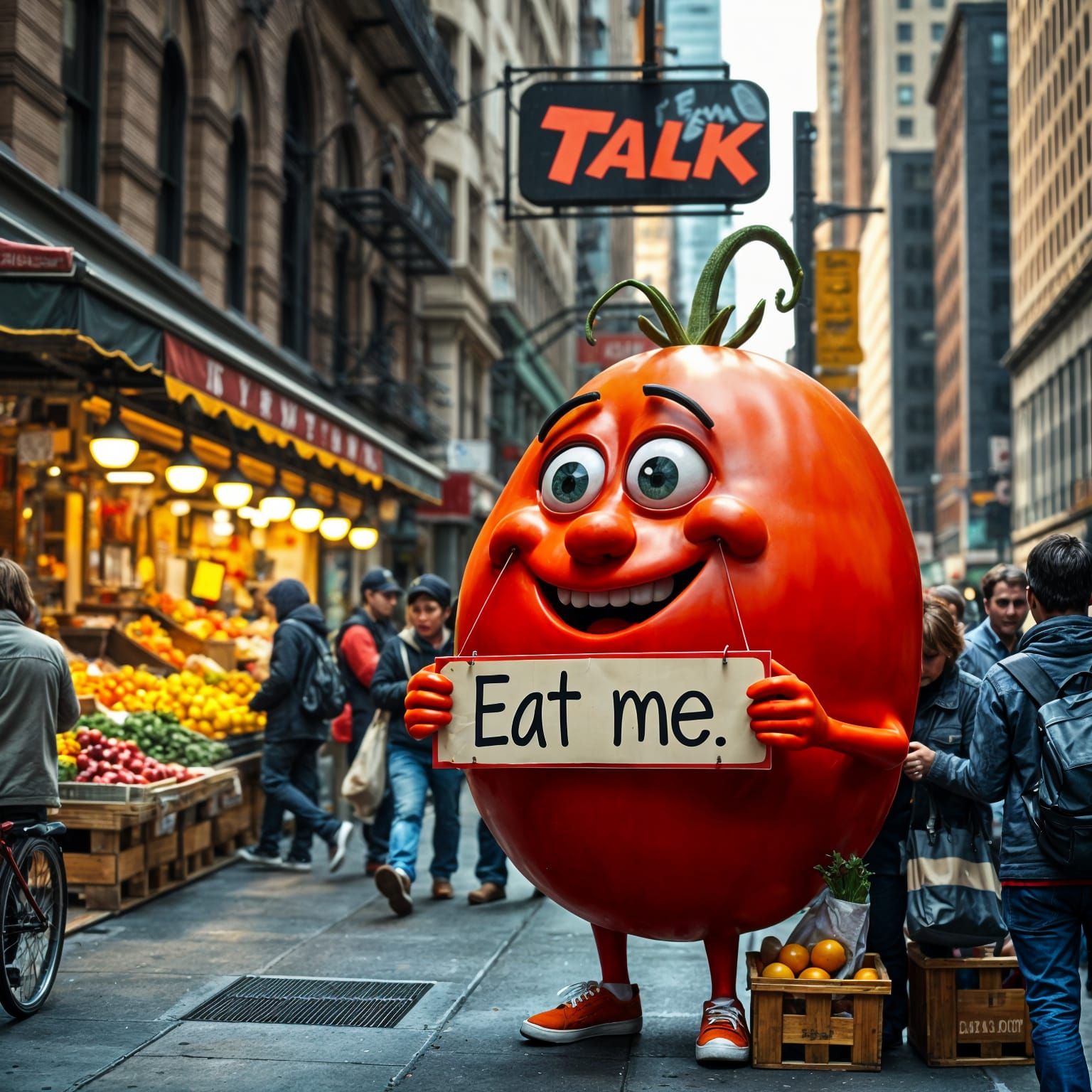 Vibrant New York City Street Scene with Anthropomorphic Toma...