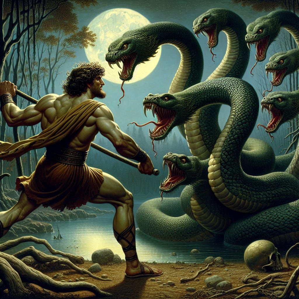 Hercules Battles the Lernean Hydra in Ancient Swampy Landsca...