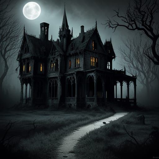Eerie Haunted House Under Full Moon in Surreal Style