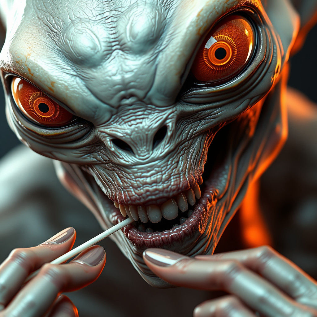 Alien in HD Realism Flossing Teath with Vibrant Orange Eyes