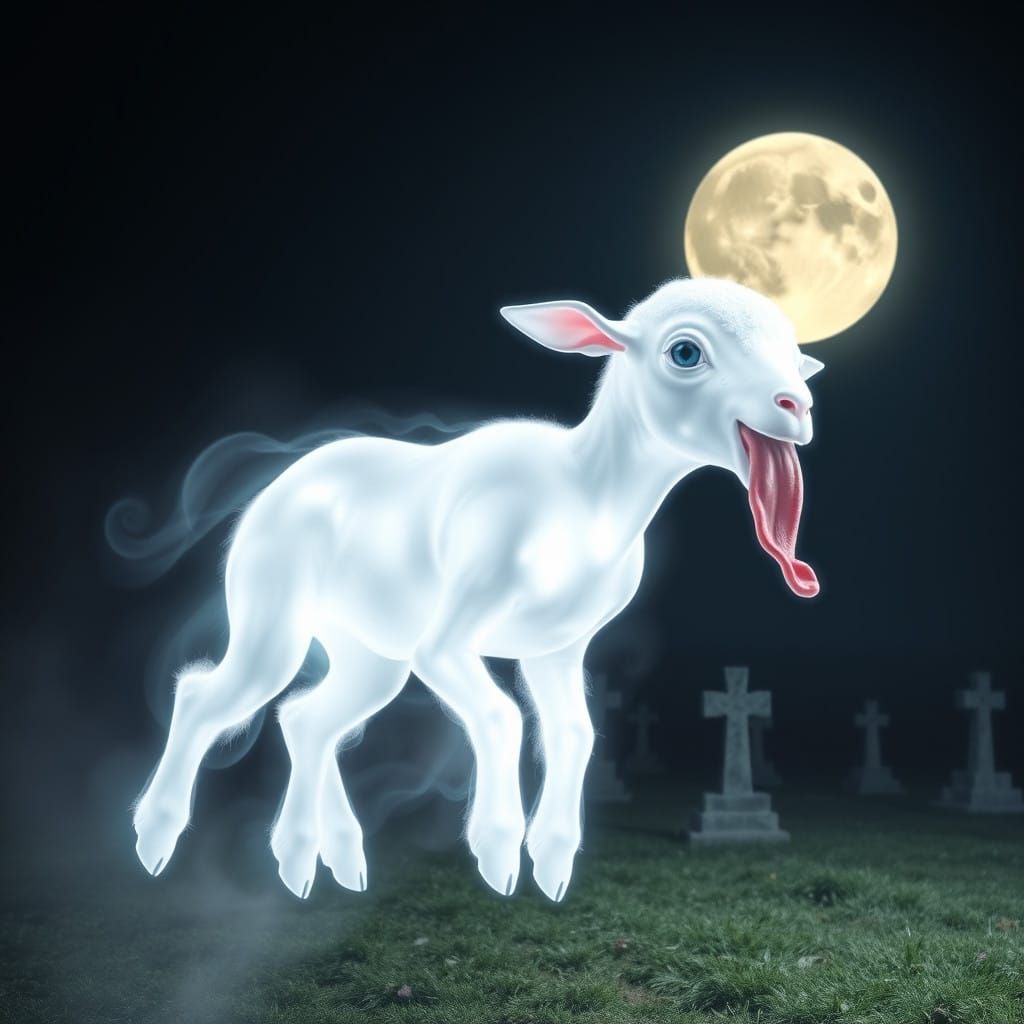 Cyborg Ghost Lamb Attacking with Tongue in Cemetery at Night