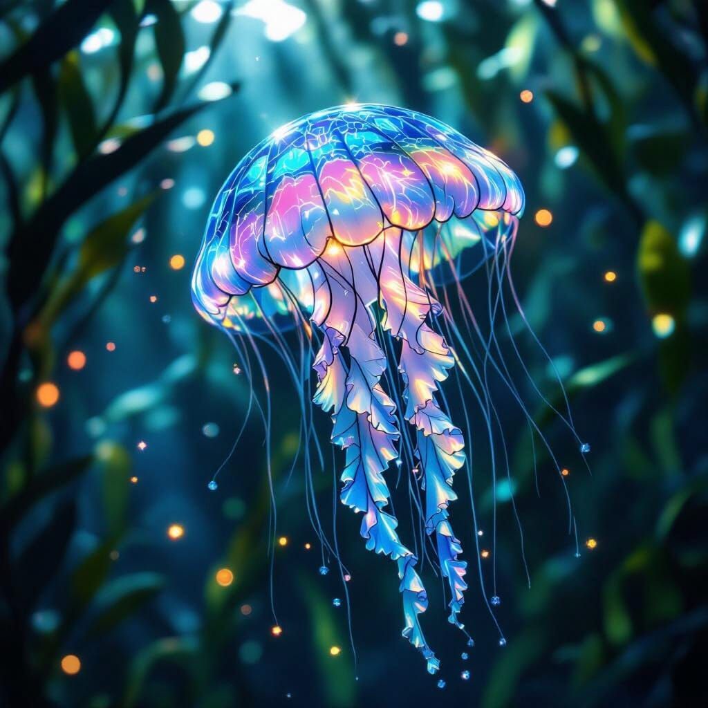 Tiffany Glass Jellyfish in Kelp Forest