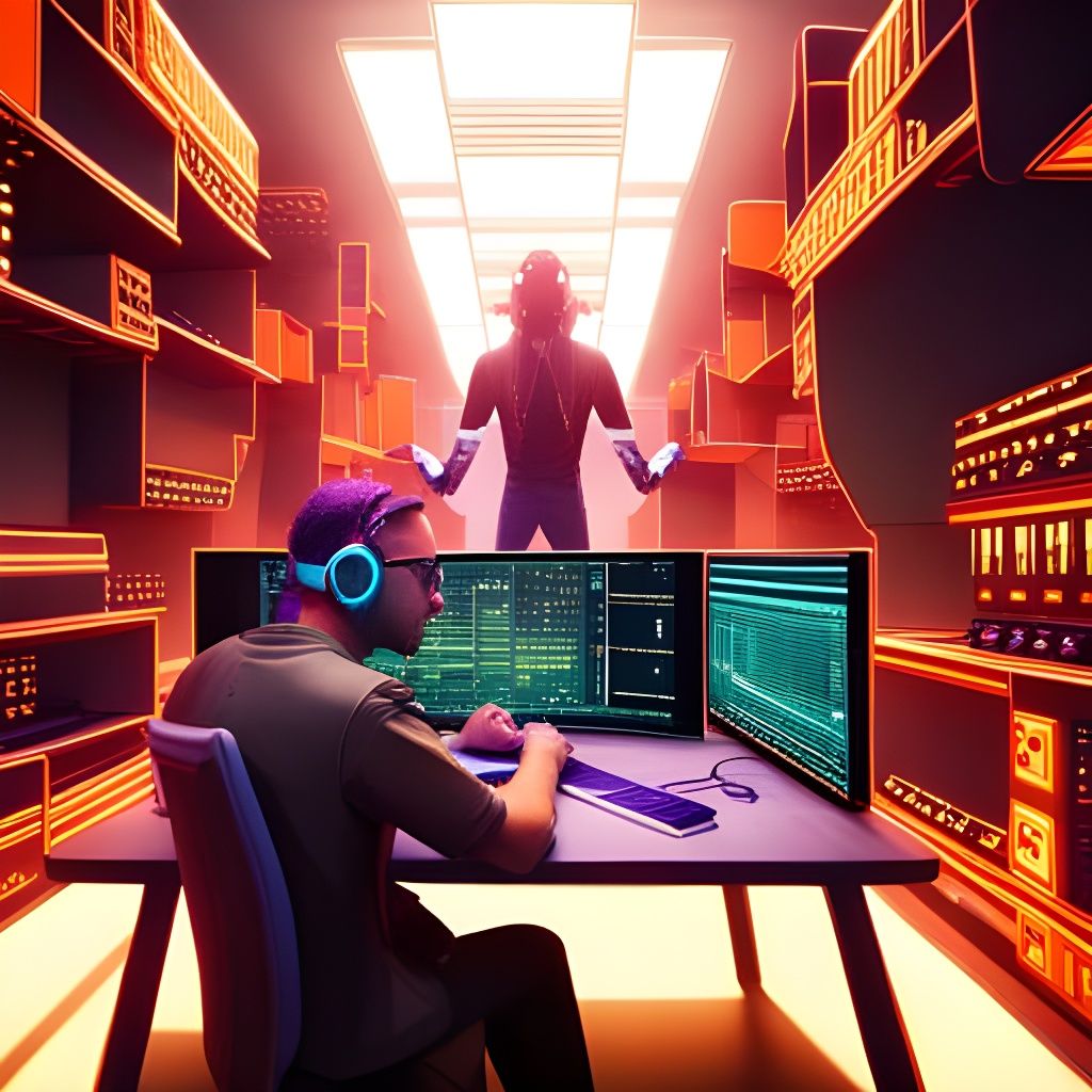 Cyber Nerd Working in Futuristic Room as 3D Art