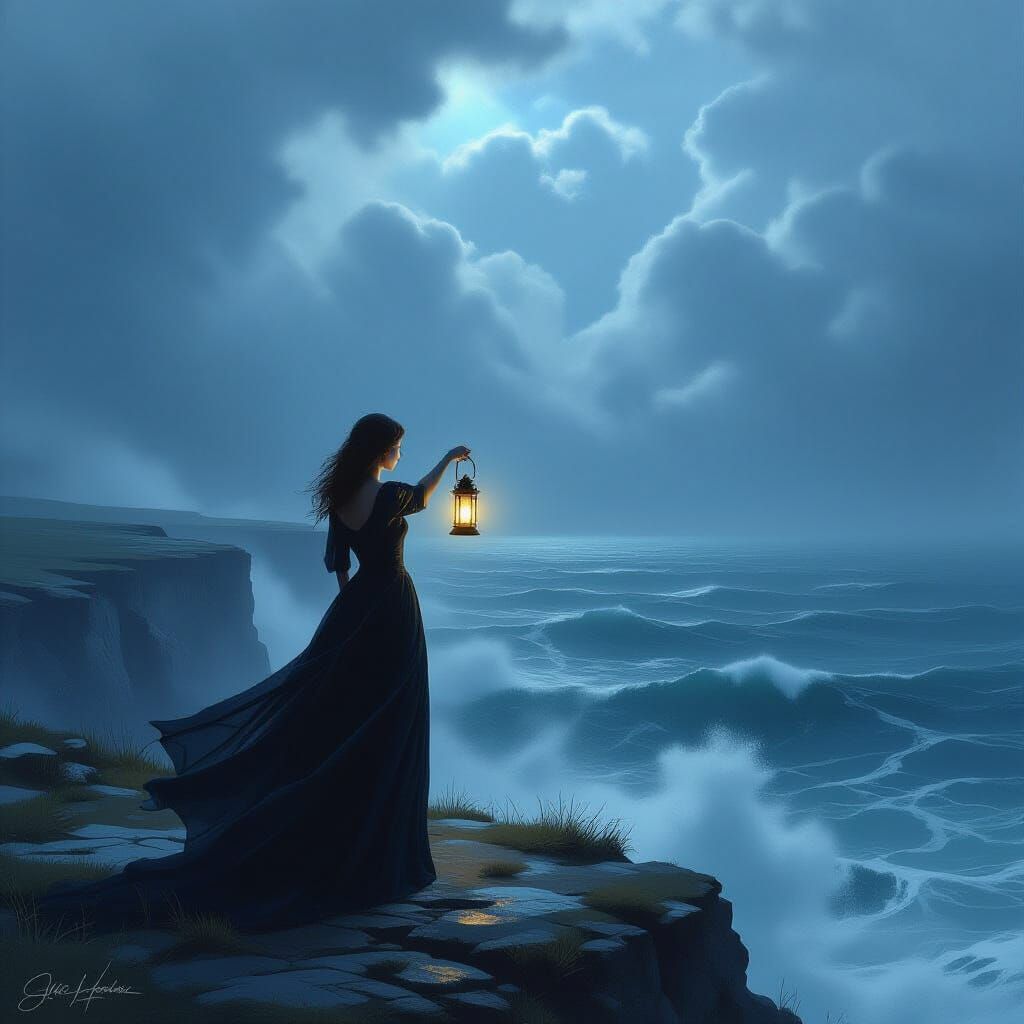 Woman with Lantern on Cliff Overlooking Stormy Sea