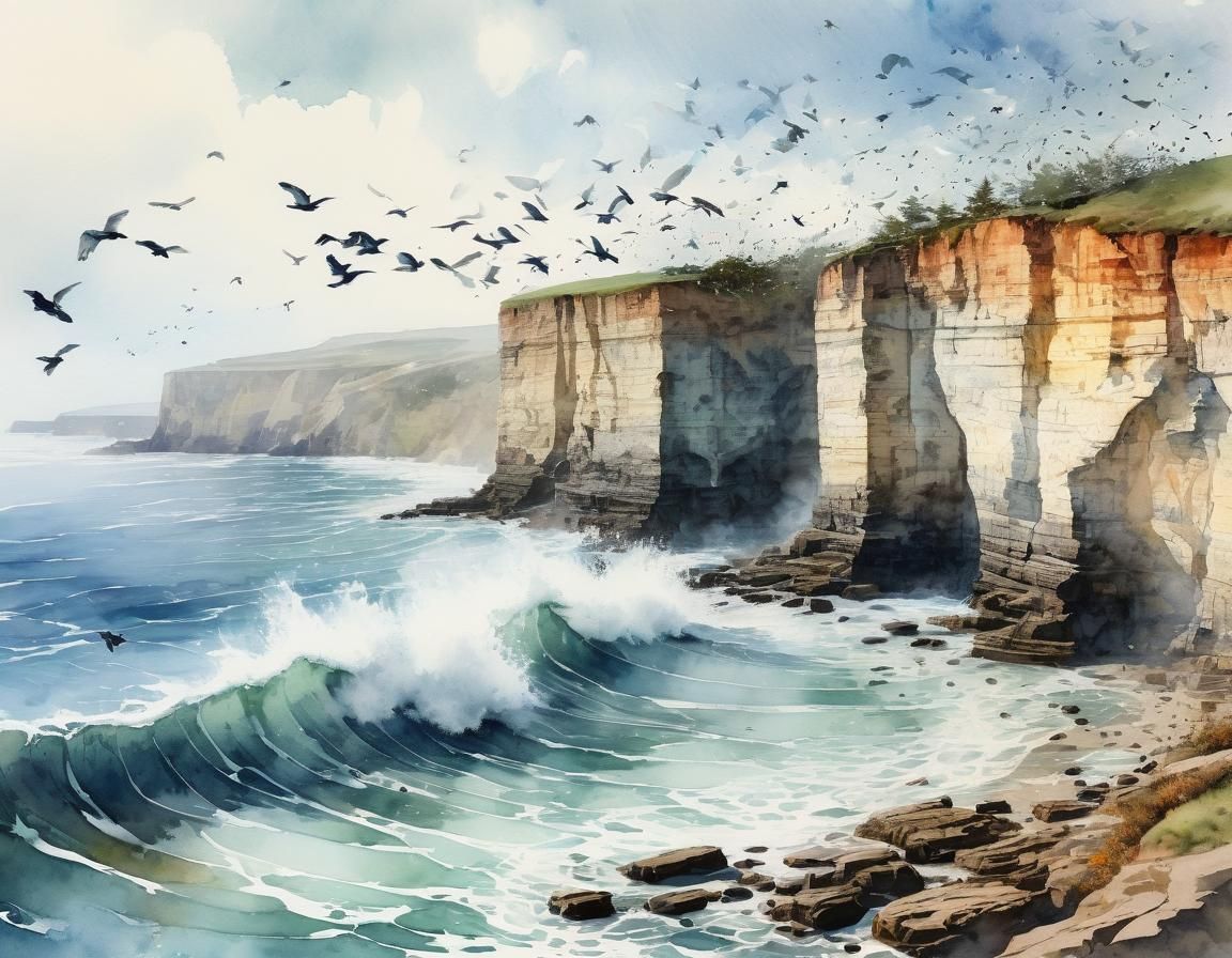 Coastal Cliff Scene in Intricate Watercolor