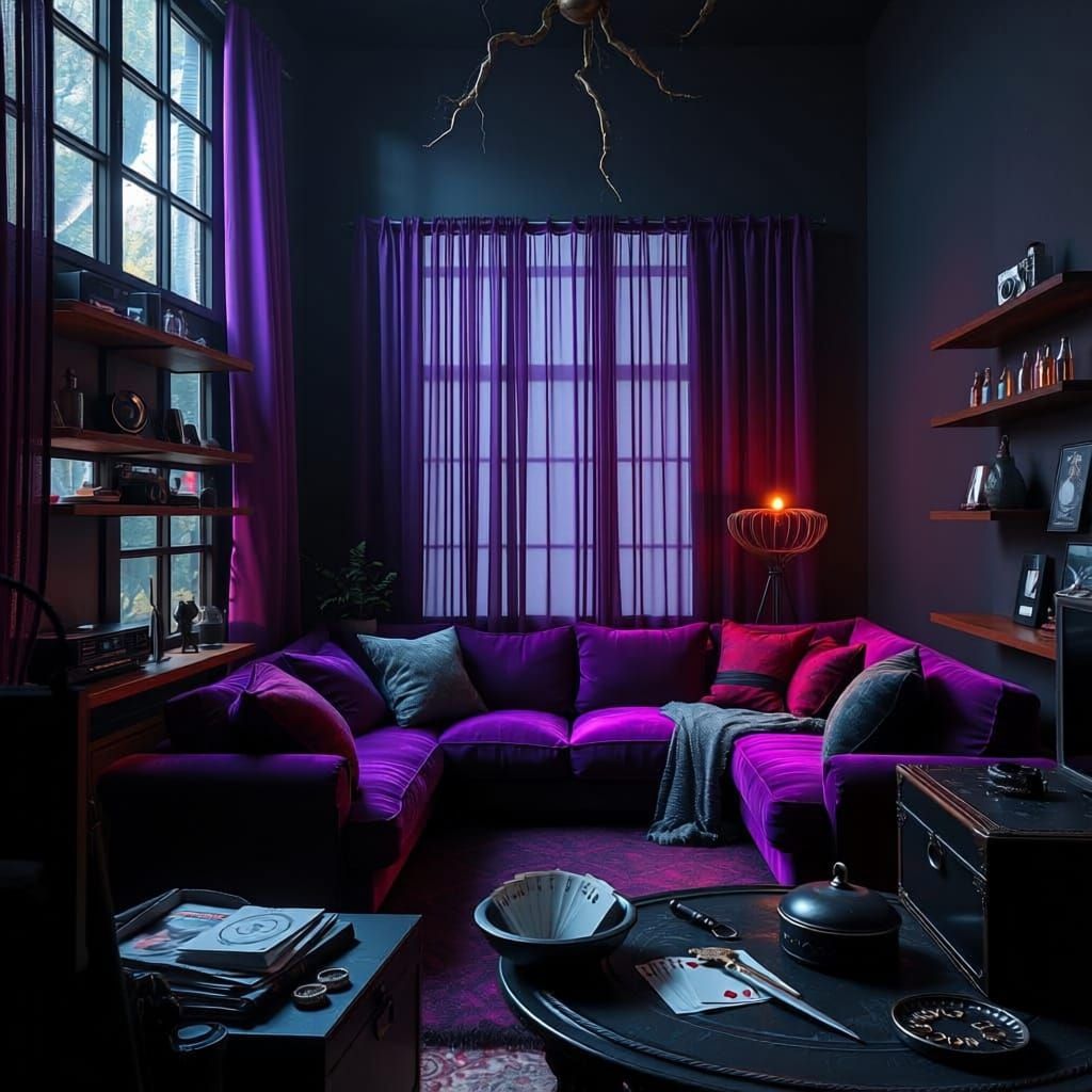 Mystical Cyberpunk Living Room with Neon Accents and Ancient...