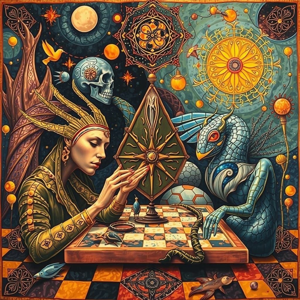 Woman of Strings Kissing Bird: Eco-Art Portrait