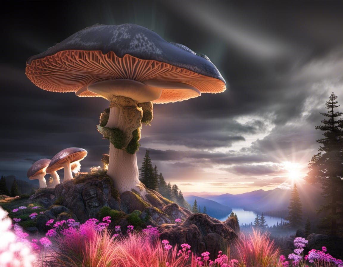 Mystical Mushroom God Basks in Sunrise Glory