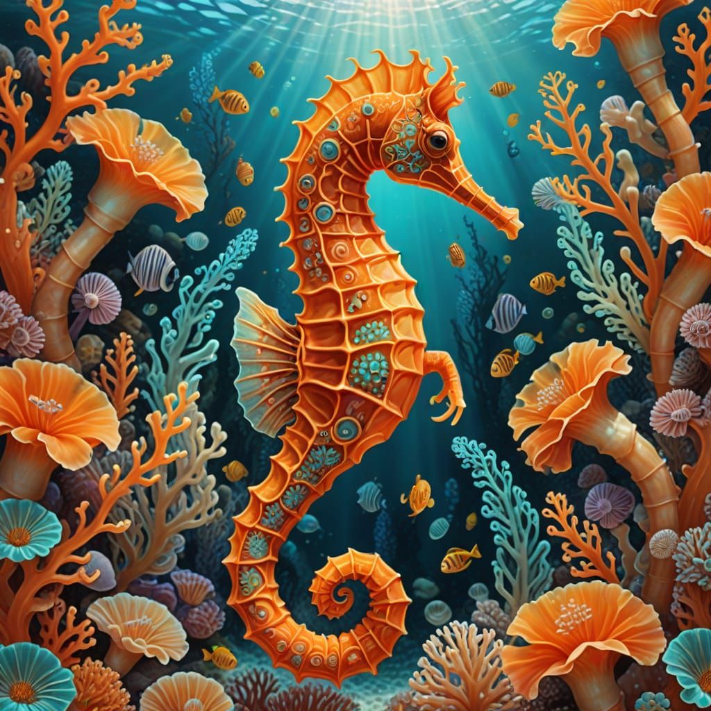 Vibrant Orange Seahorse in Tropical Ocean Scene