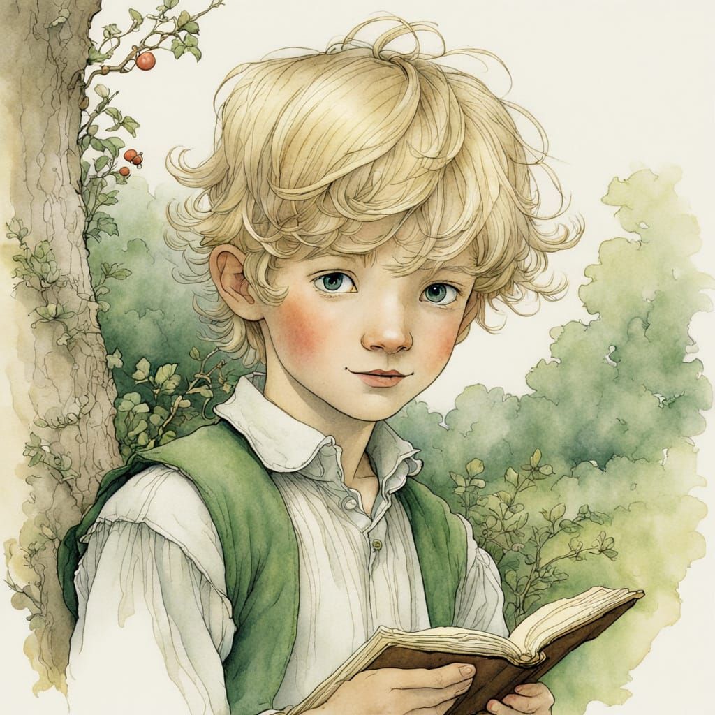 Whimsical Watercolor Portrait of a Boy with Green Eyes