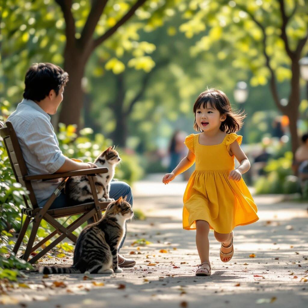 Asian Girl, Tourist, and Cat in Realistic Style