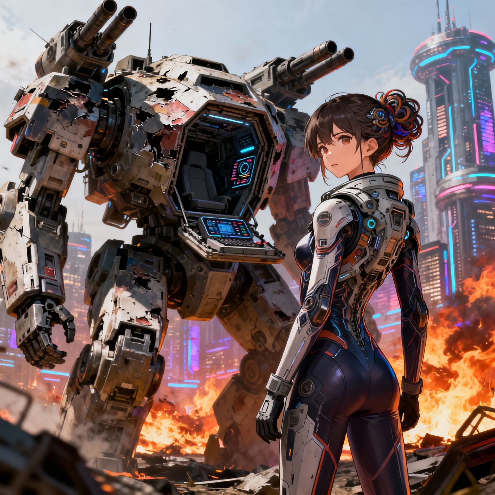 Pilot and Damaged BattleMech in Burning City