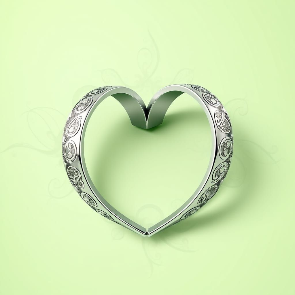 Engraved Silver Ring Halves Form Heart Shape in Abstract Vec...