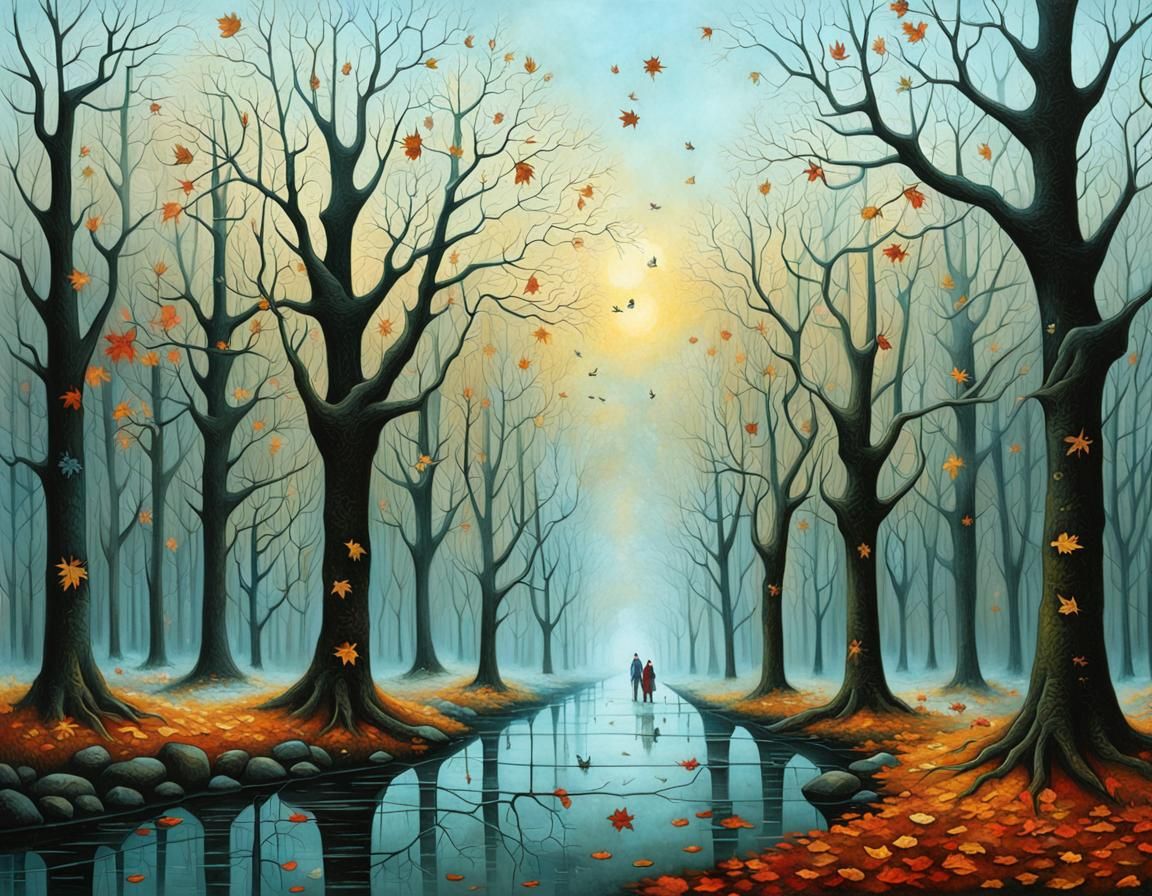 Golden Leaves Frozen in Time, in a Cyberpunk Aesthetic