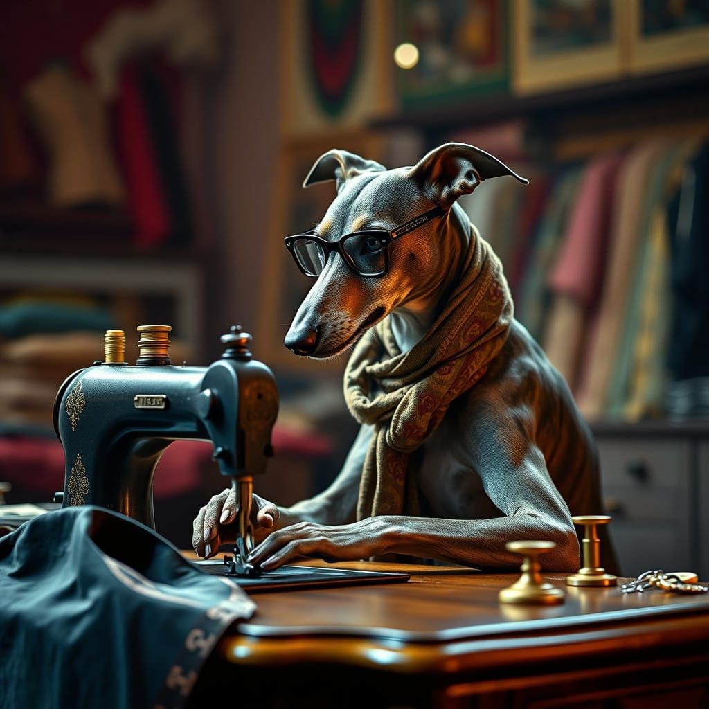 Greyhound Seamstress in Chic Atelier