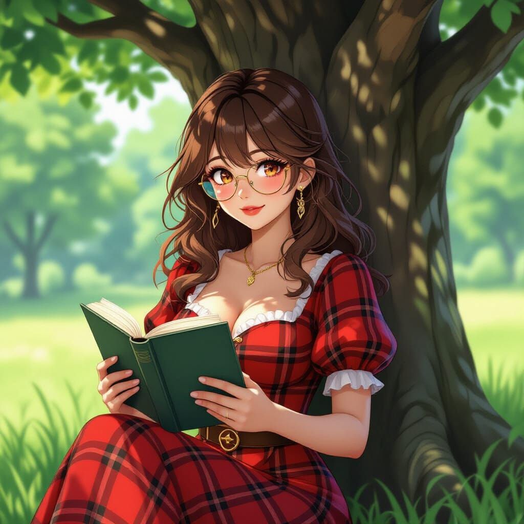 Woman Reading Book Under Tree in 3D Anime Art