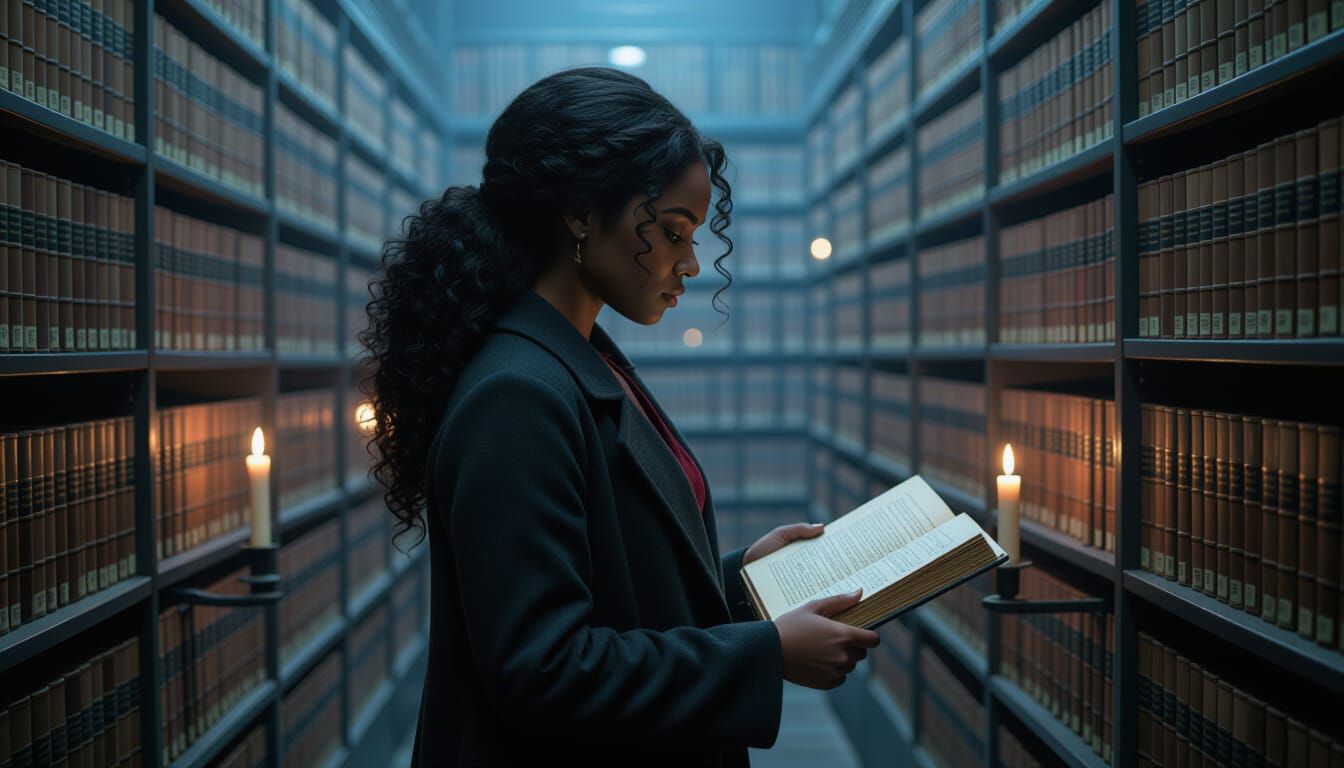 Introspective Woman Reading in Archive, Cinematic Realism