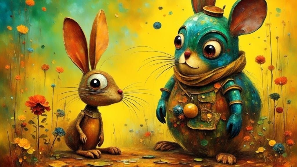 Surreal Rabbit Stabbing a Man, in 3D Style