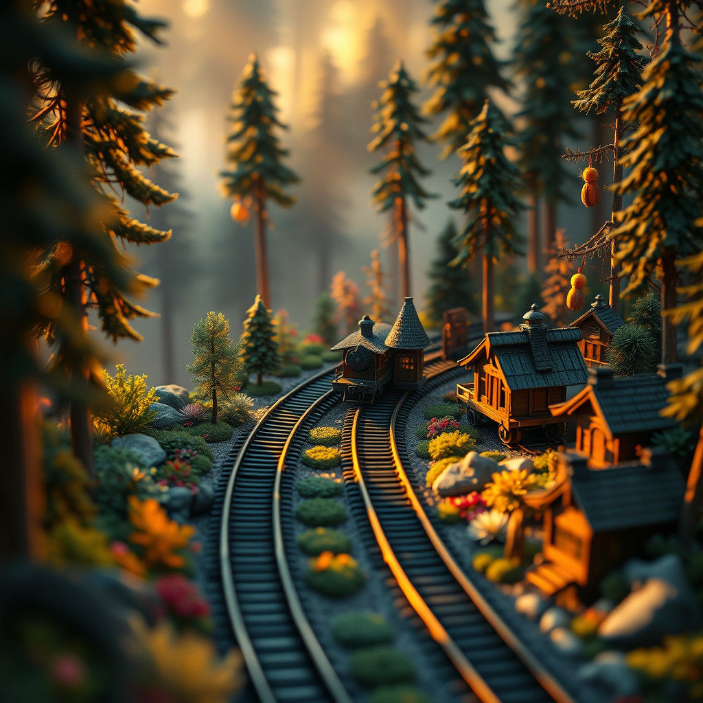 Realistic Whimsical Model Railway in a Misty Forest Landscap...