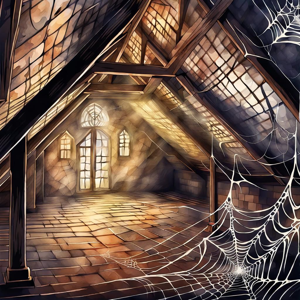 Ethereal Castle Attic Shrouded in Spiderwebs