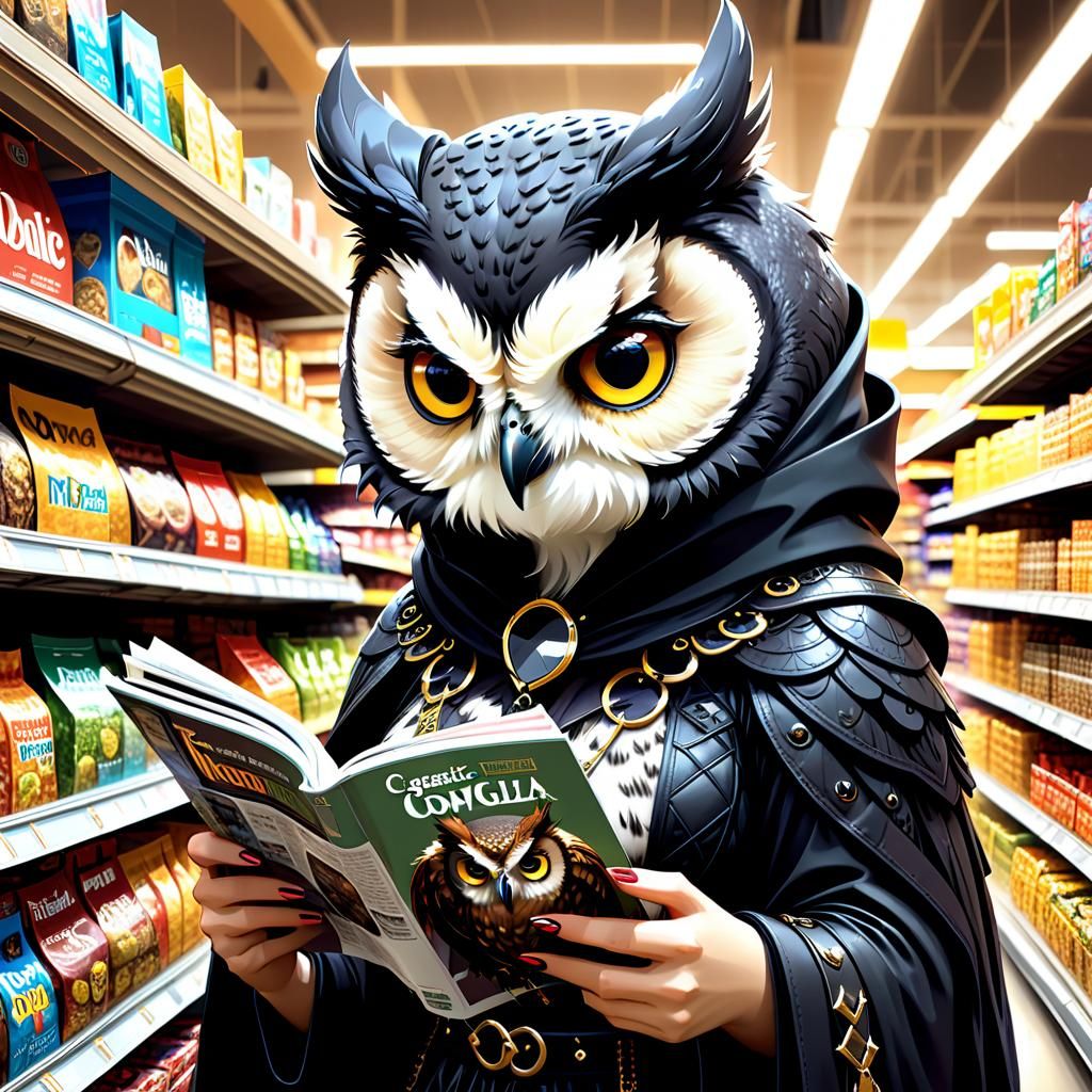 Goth Owl Reads Magazine in Abandoned Supermarket