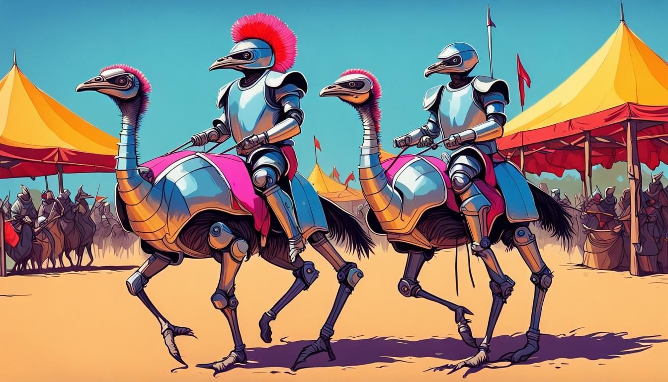 Robot knights riding Ostriches in a Jousting Competition III