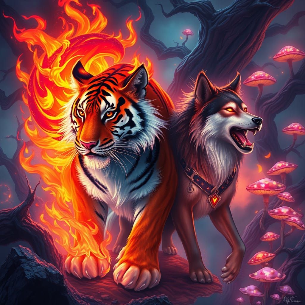 Fantastical Fire Tiger and Husky in Dreamlike Landscape