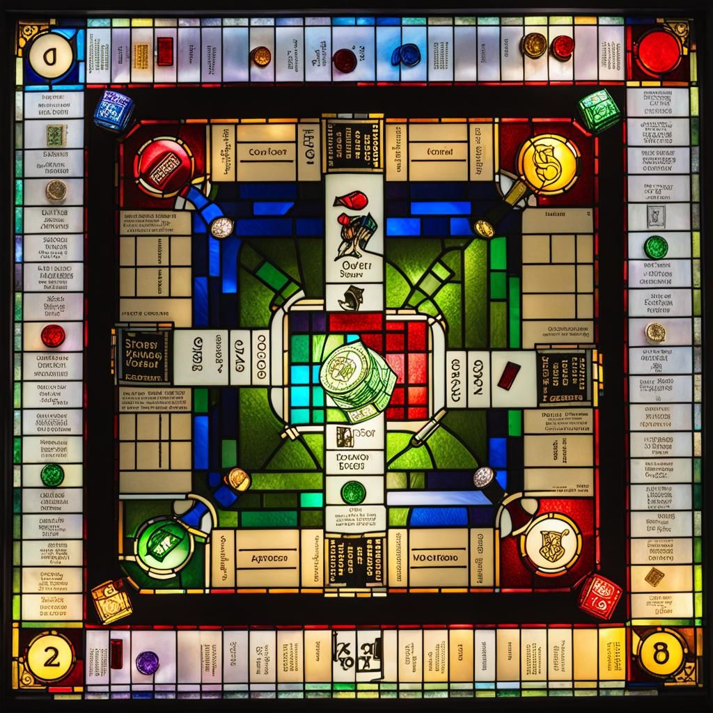 Vibrant Stained Glass Monopoly Board Illuminated by Light
