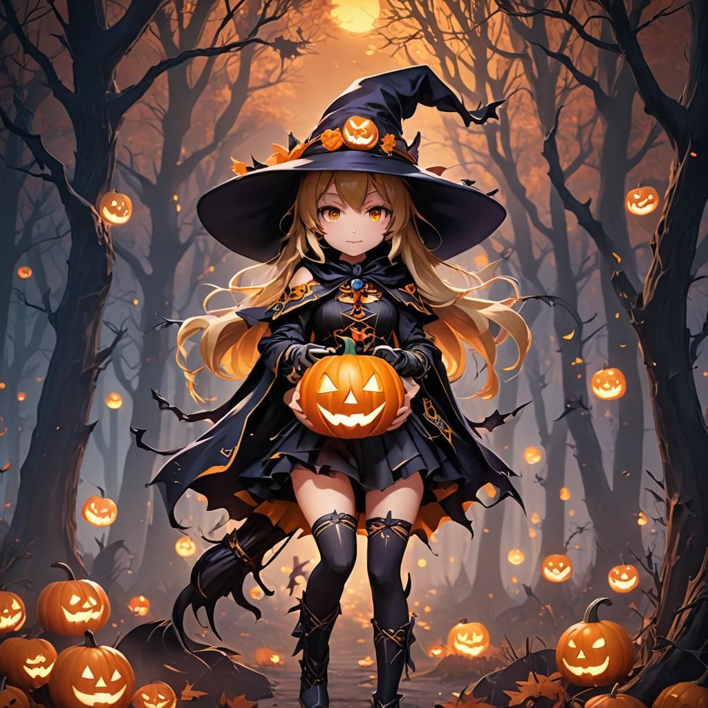 Vibrant Anime Witch in a Haunting Halloween Forest