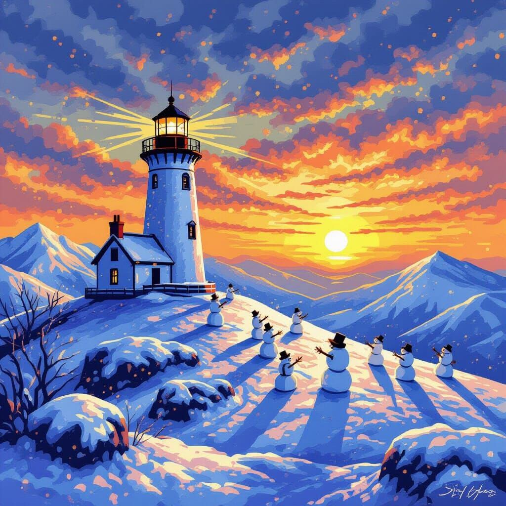 Pointillist Lighthouse Scene with Yetis Building Snowmen