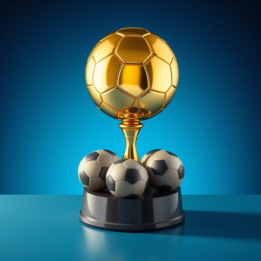 Golden Trophy Surrounded by Inflated Footballs at Sunset