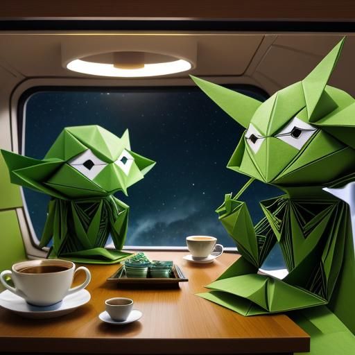 Ethereal Space Dwellers Sipping Coffee in Mid-Century Futuri...