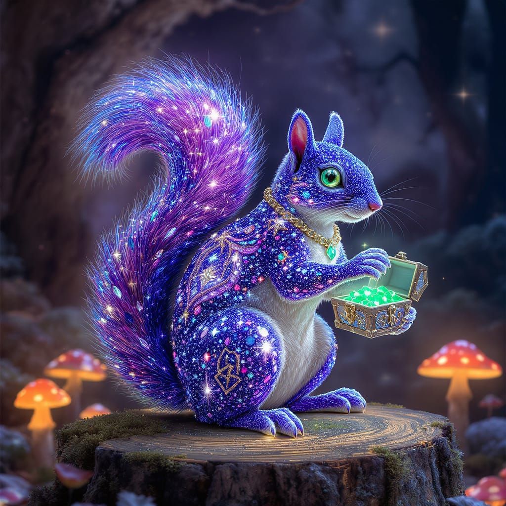 Mystical Diamond Squirrel in Enchanted Forest