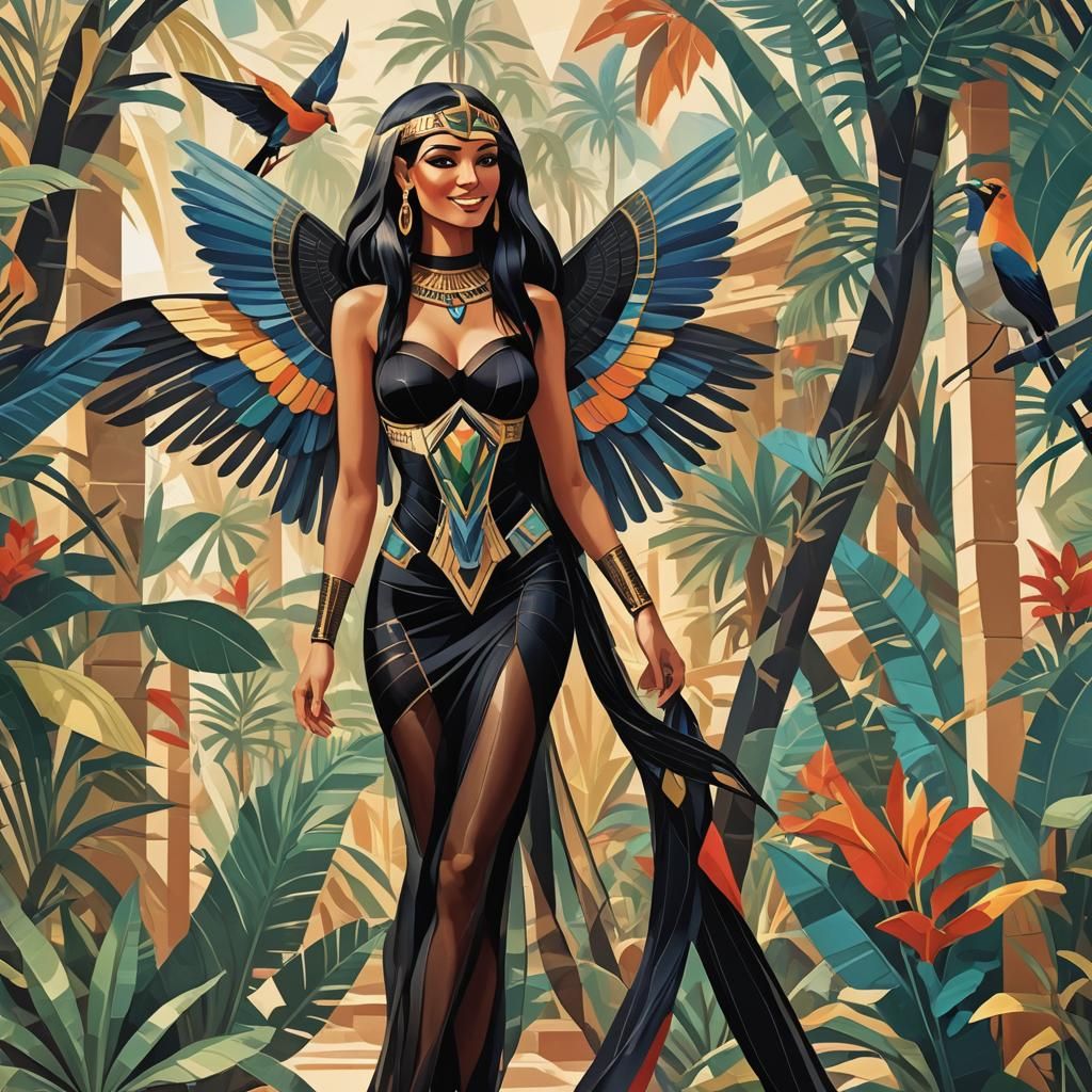 Egyptian Goddess in Tropical Oasis with Cubist Geometry