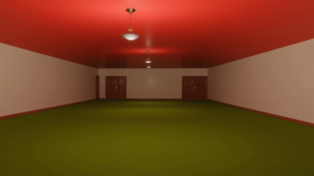 Vibrant Red Room with Emerald Green Carpet and Mid-Century M...