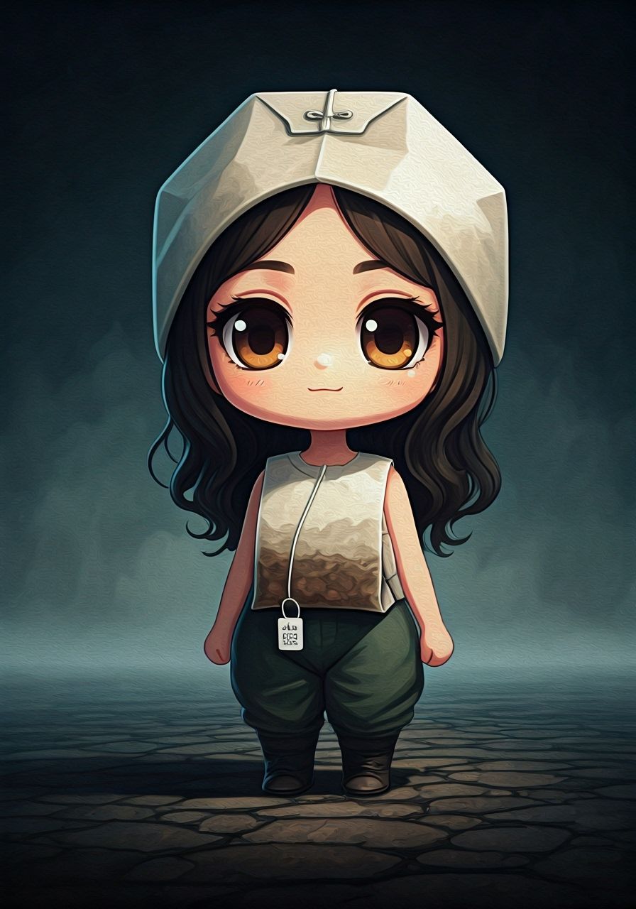Chibi Character with Tea Bag Top in Gouache Style