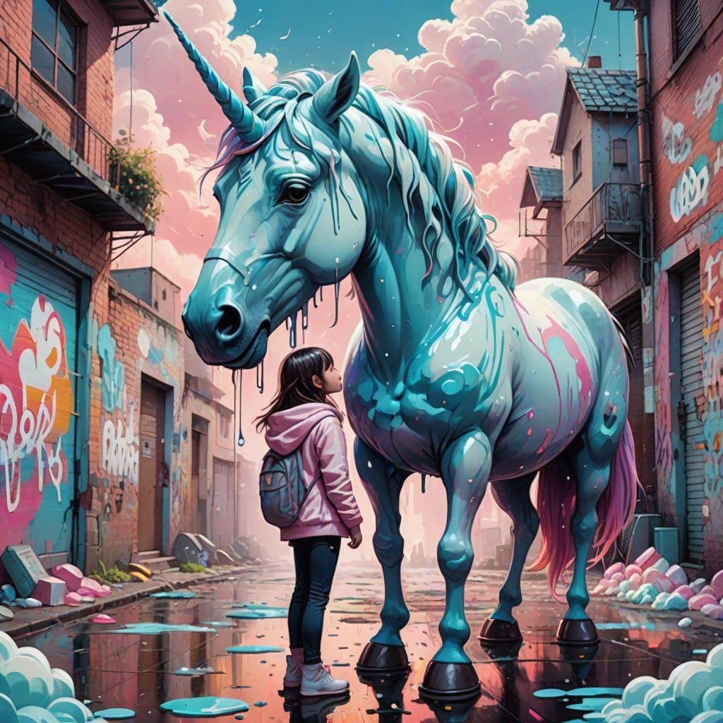 Girl and Plush Unicorn in Dreamy Cloudscape