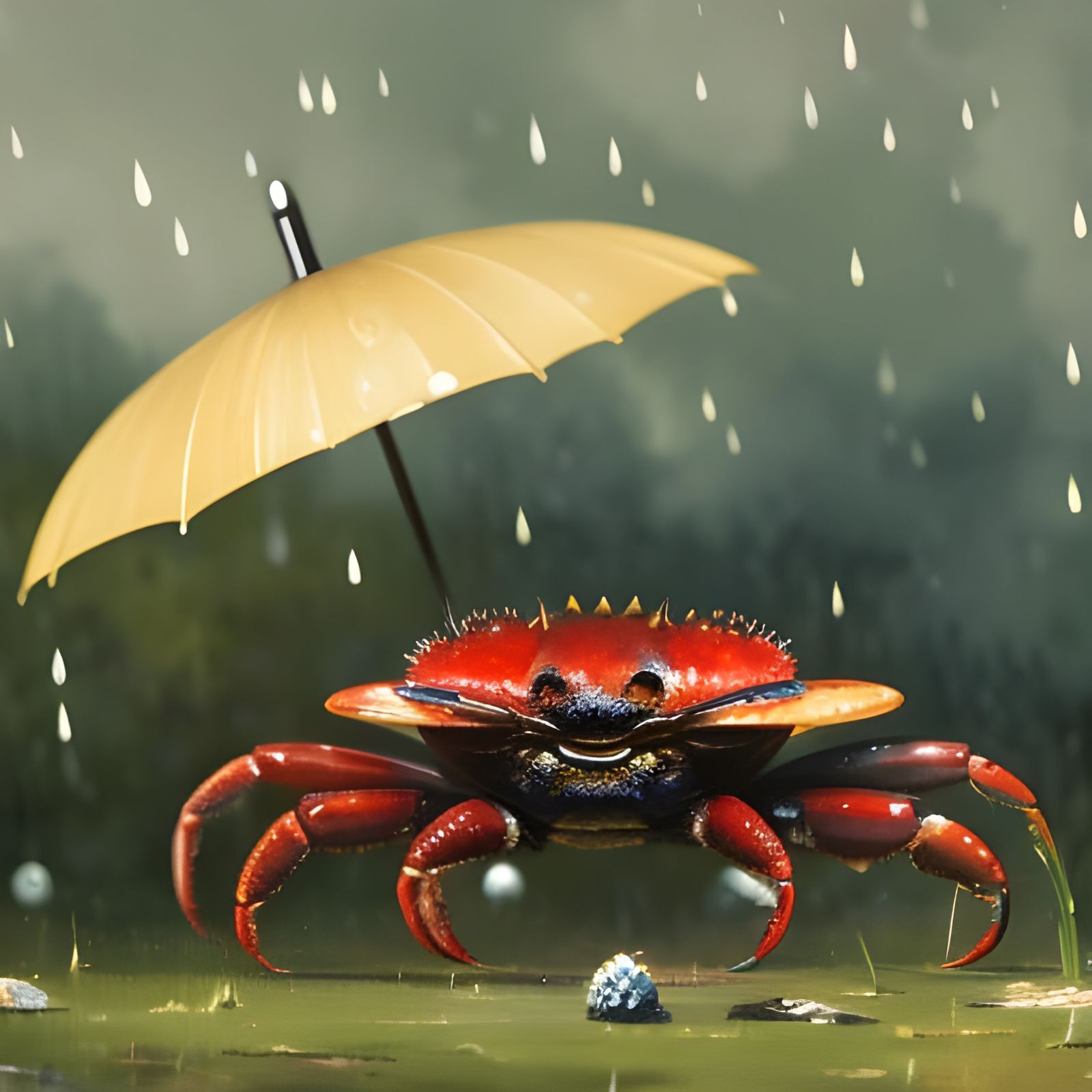 Vibrant Fantasy Crab Under Rainy Umbrella