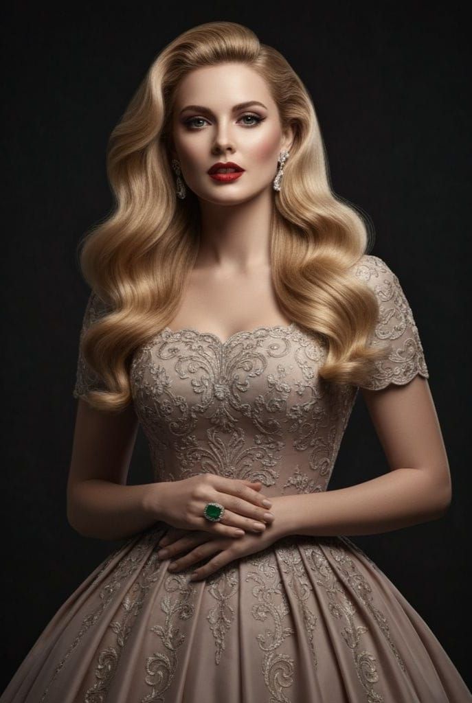Elegant Woman in 50s Dress with Emerald Ring