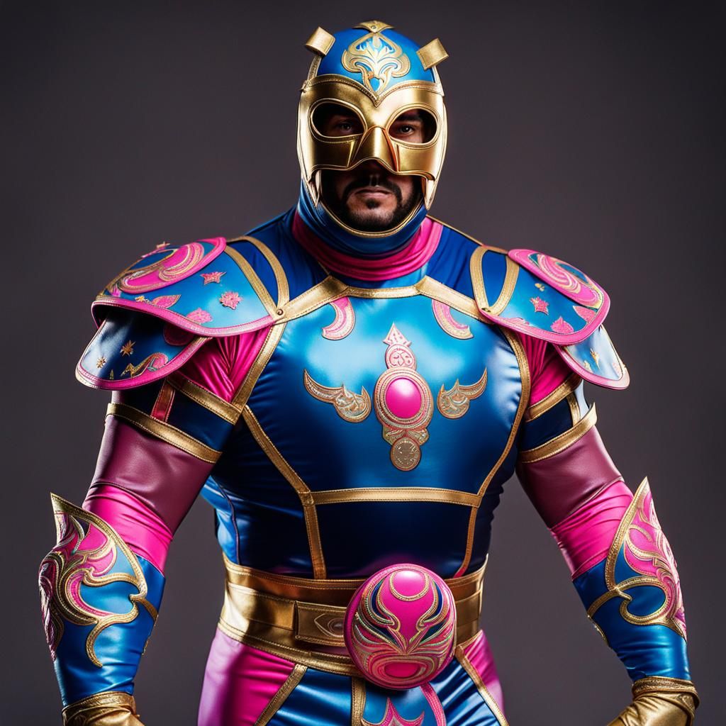 Epic Masculine Luchador Hero in Vibrant Pink and Gold