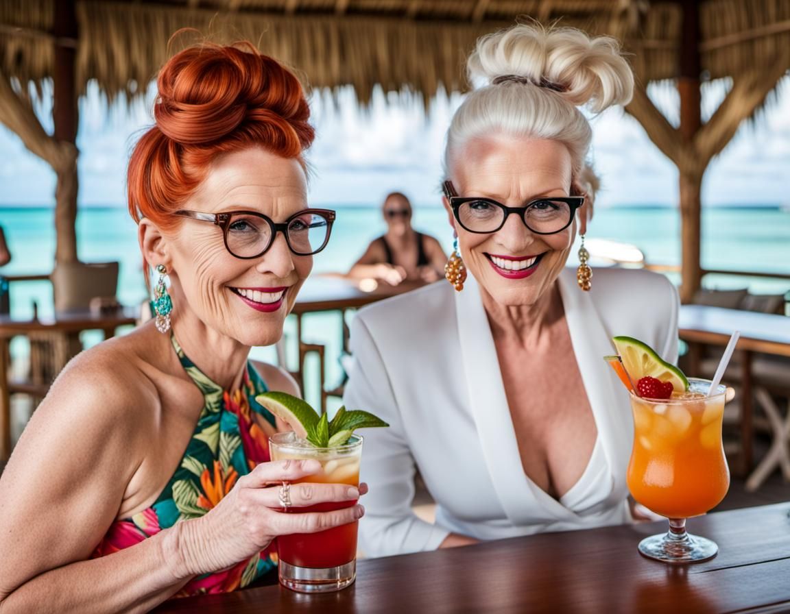 Glamorous Woman Sips Cocktails on Tropical Island Tiki Bar