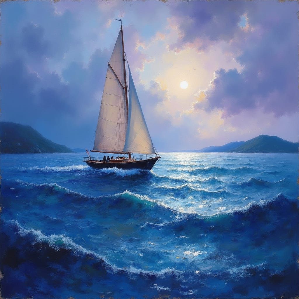 Impressionist Stormy Seascape with Sailboat and Islands