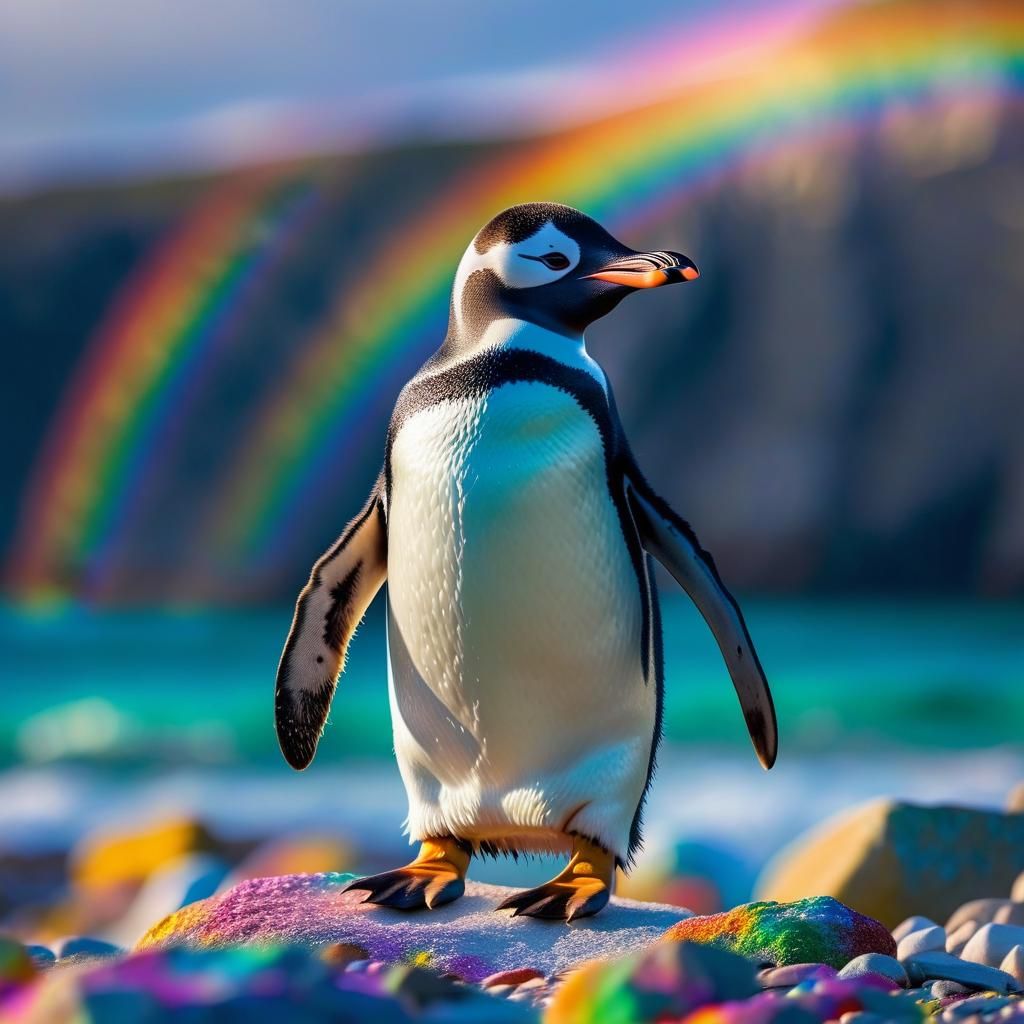 Vibrant Penguin Amidst a Rainbow