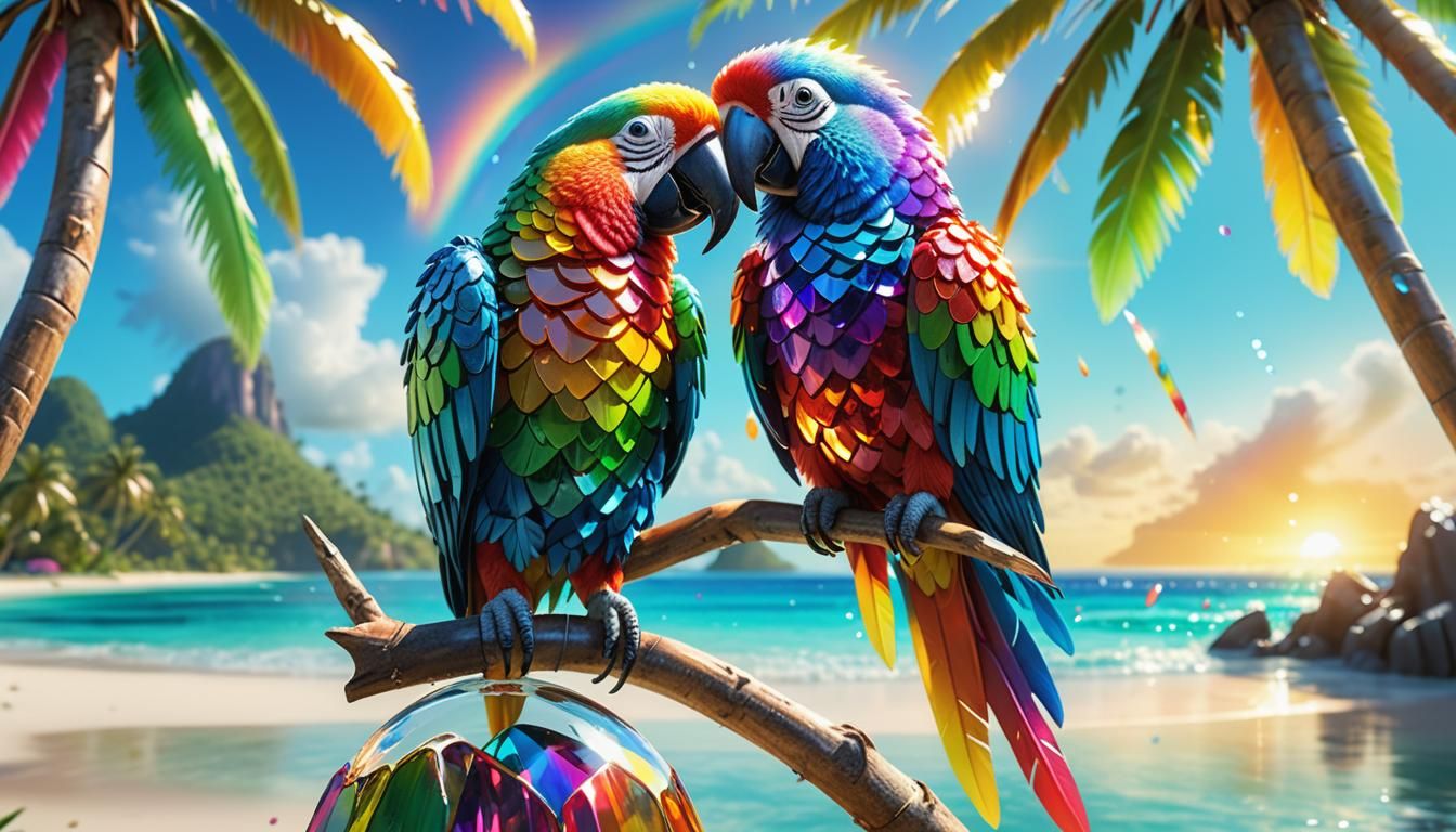 Crystal Parrot Perches on Coconut Tree in Vibrant Beach Scen...