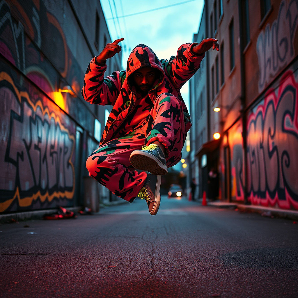 Breakdancer in Futuristic Urban Landscape