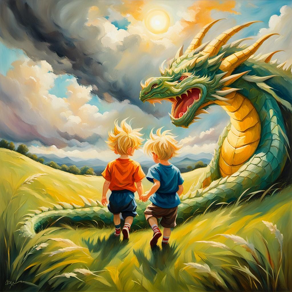 Whimsical Oil Painting of Children Playing with a Dragon Bal...