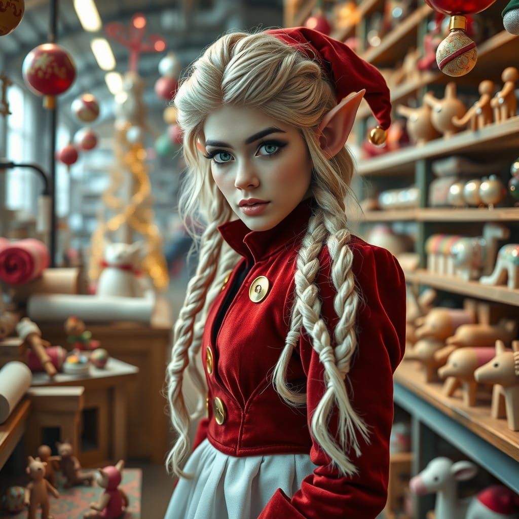 Elegant Blonde Elf in Whimsical Santa Toy Factory Scene