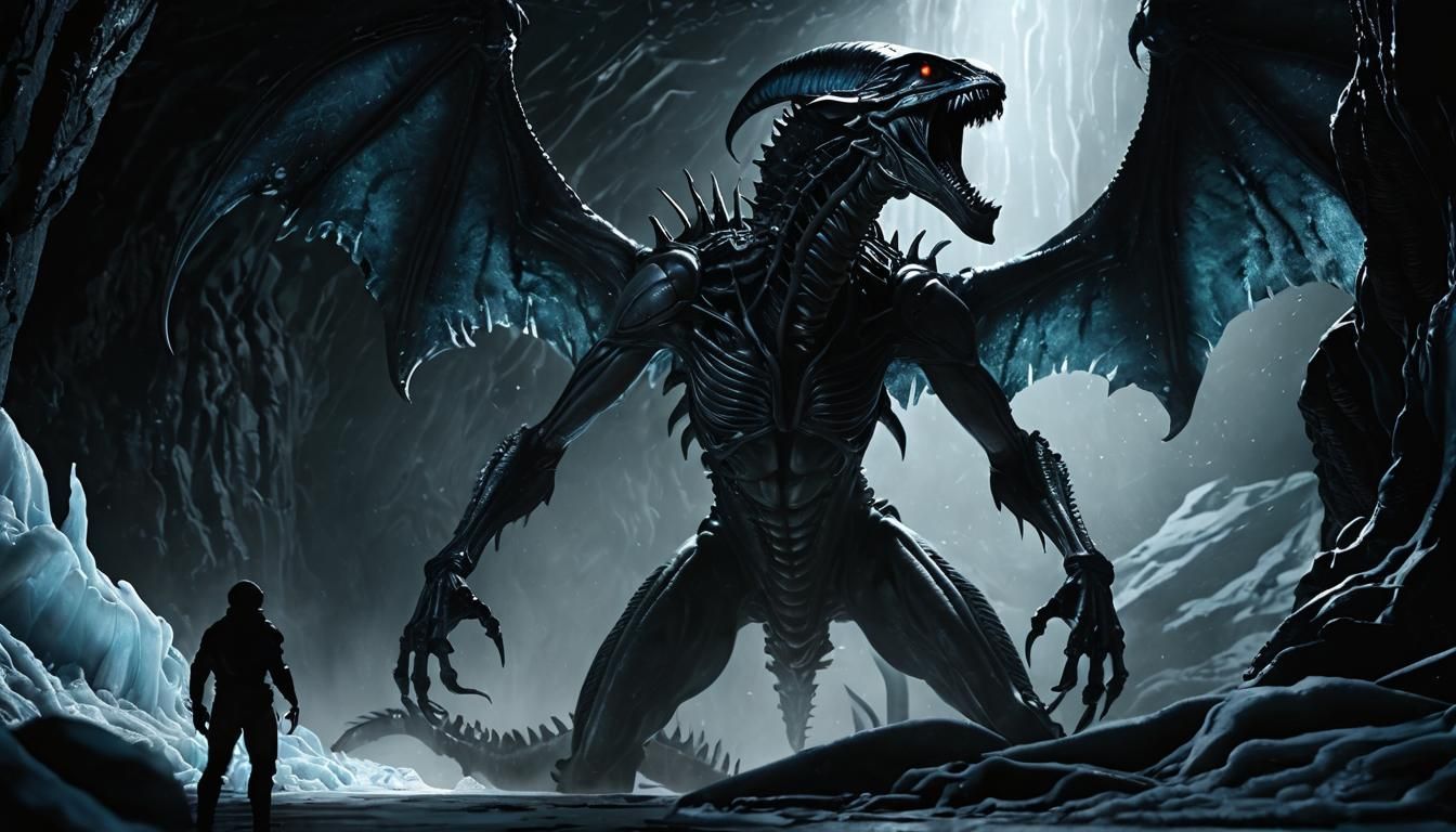Grimdark Clash: Xenomorph vs Ice Dragon in Frosty Cave