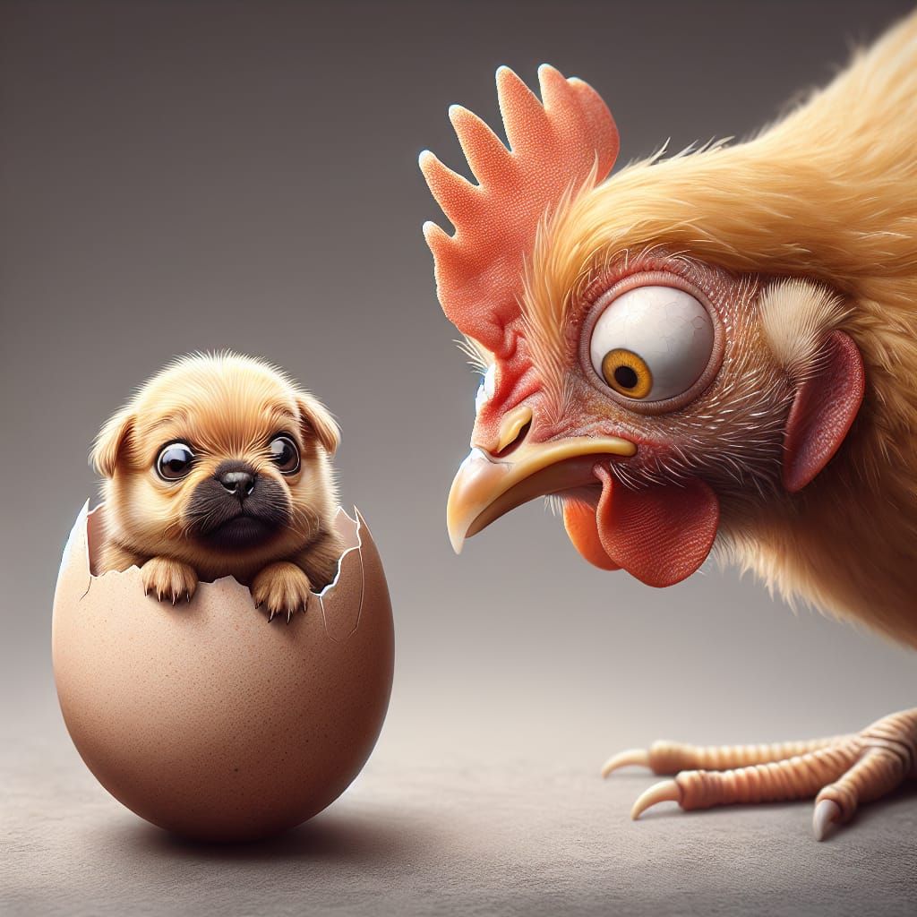 Delightful Chicken Gazing Down on Lifelike Puppy