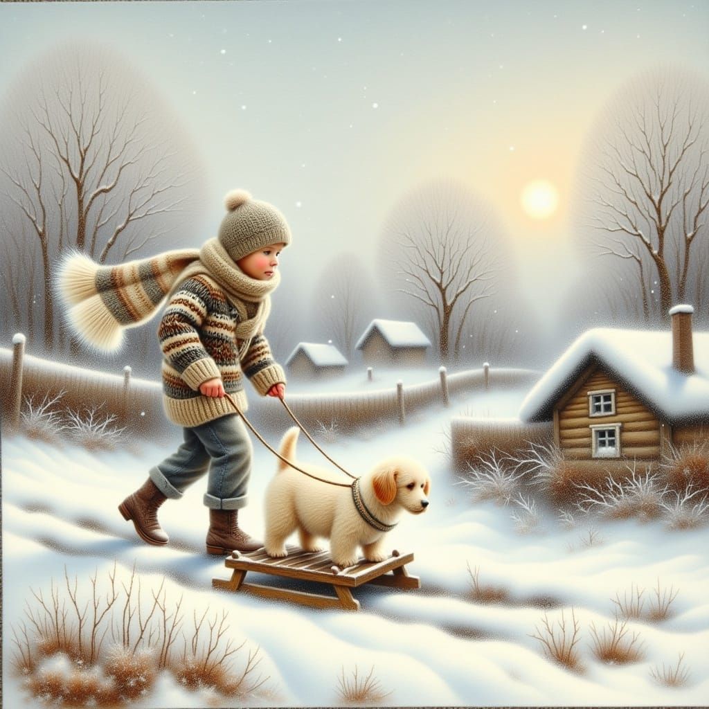 Whimsical Winter Wonderland Scene in Earthy Colors